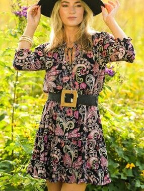 Walker & Wade Ibiza Dress Black Paisley Size Large Resortwear $248